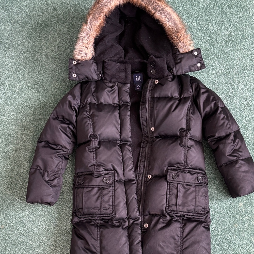 GAP Black Puffer Jacket with Faux Fur Hood